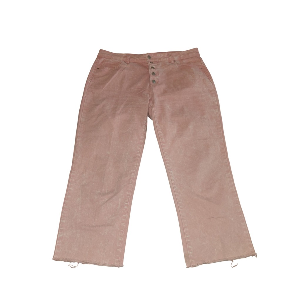 Time and Tru Womens Pink Acid Wash Button Fly Raw Hem Wide Leg Jeans Size 16
